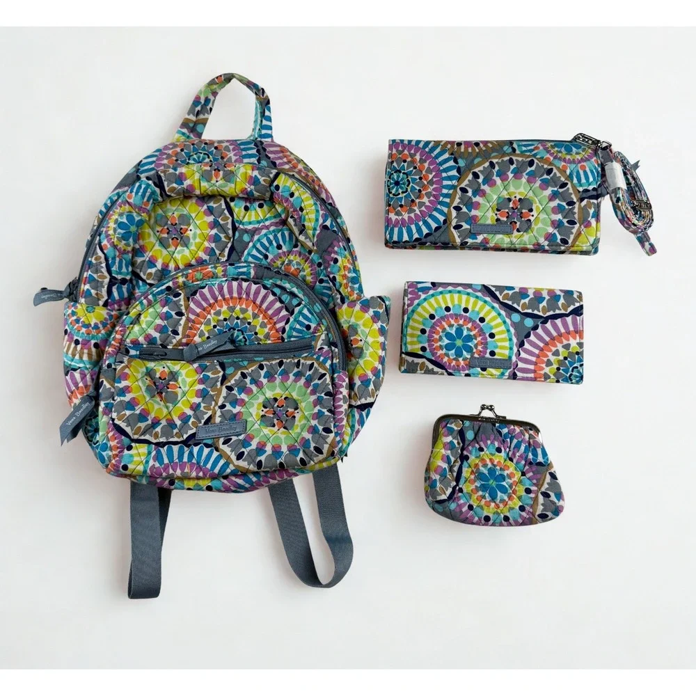 Vera Bradley Sunny Medallion Backpack Wallet Coin Purse Set Quilted Boho 4 piece